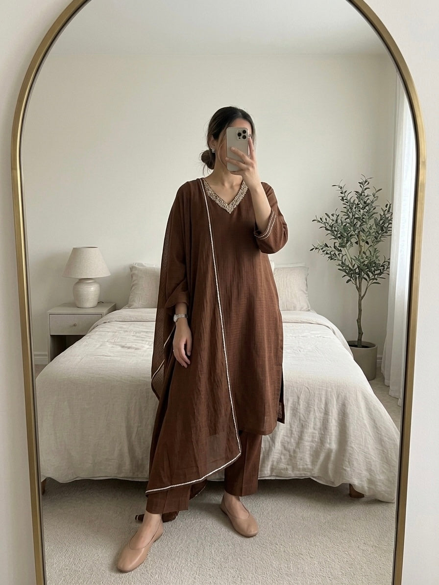 Sequin embroidered coffee Suit Set