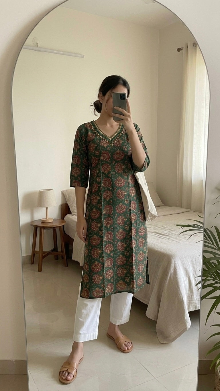 Green Floral Printed Kurta