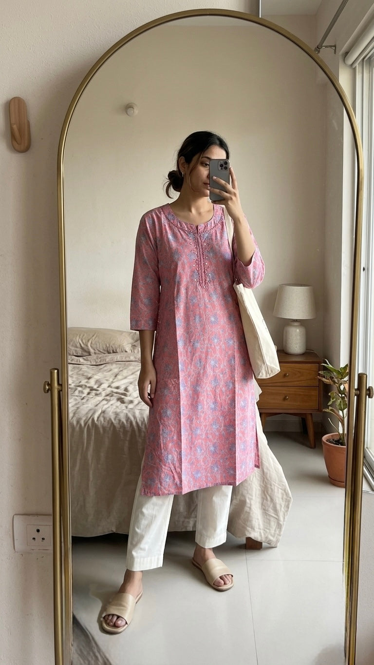 Peach floral Kurta Slim fit