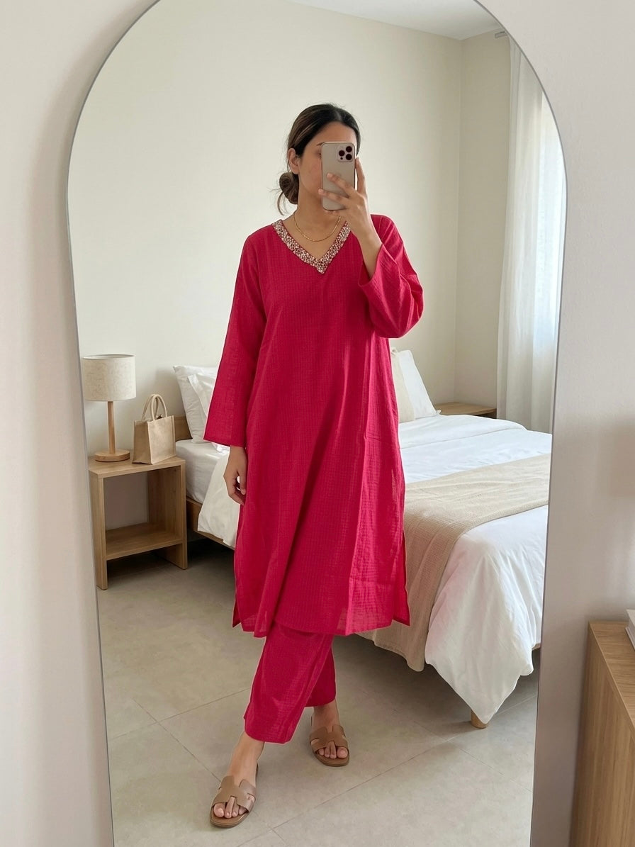 Sequin embroidered Pink Suit Set