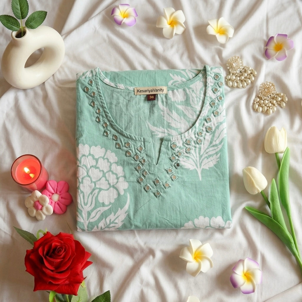 Turquoise floral Kurta Slim fit (with attached sleeves)