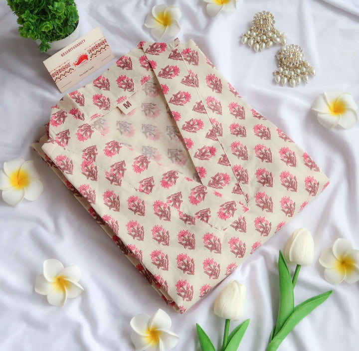 Creamy Florals V-Neck Long Kurta