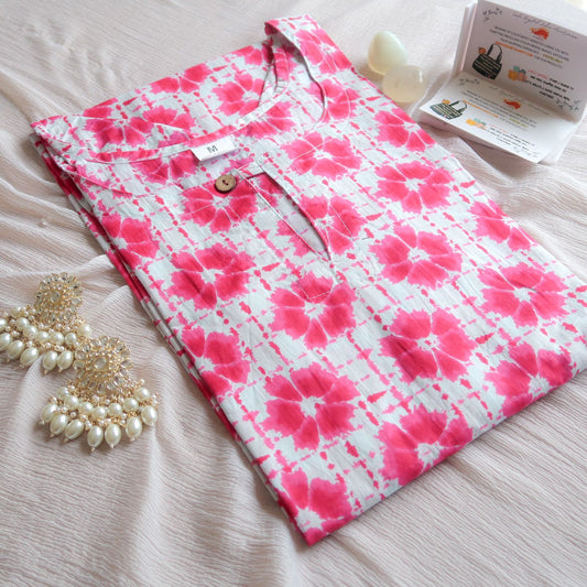 White Cotton Long Kurta with Pink Floral Hues - EOFY SALE