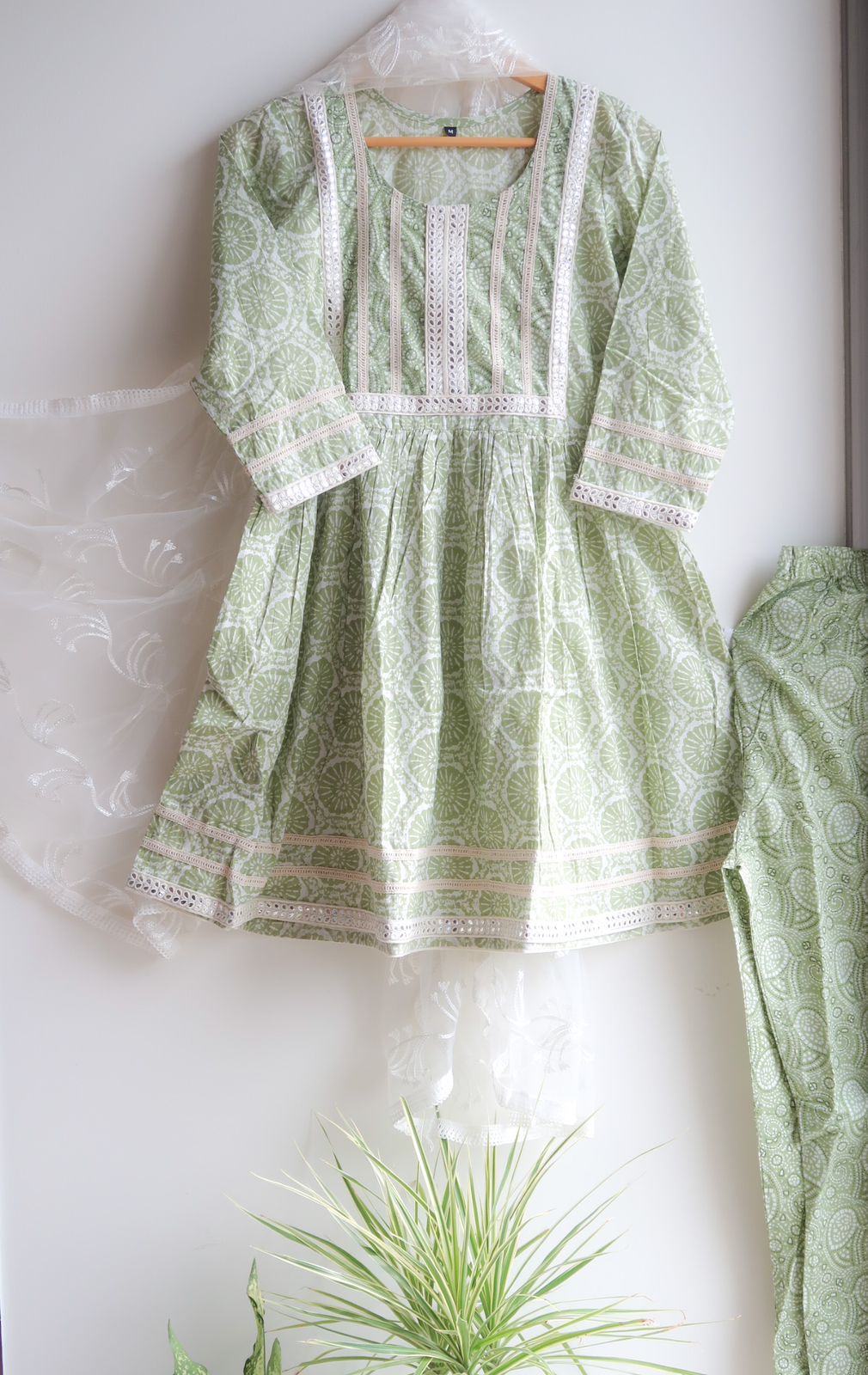 BirthdaySALE: Green Mirror Work Cotton Suit Set with White Net Handwork Dupatta