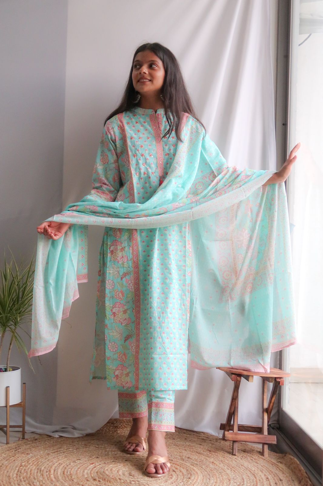 Turquoise Blooms Straight Suit Set