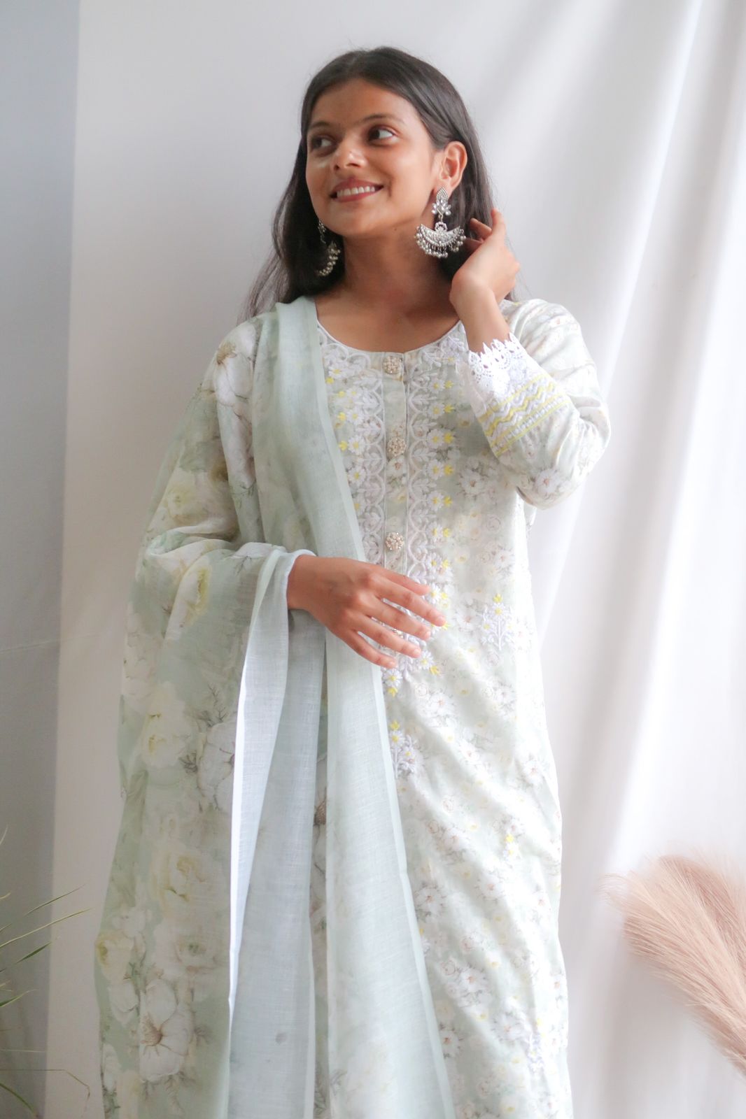 Pastel Green Floral Lace Suit Set
