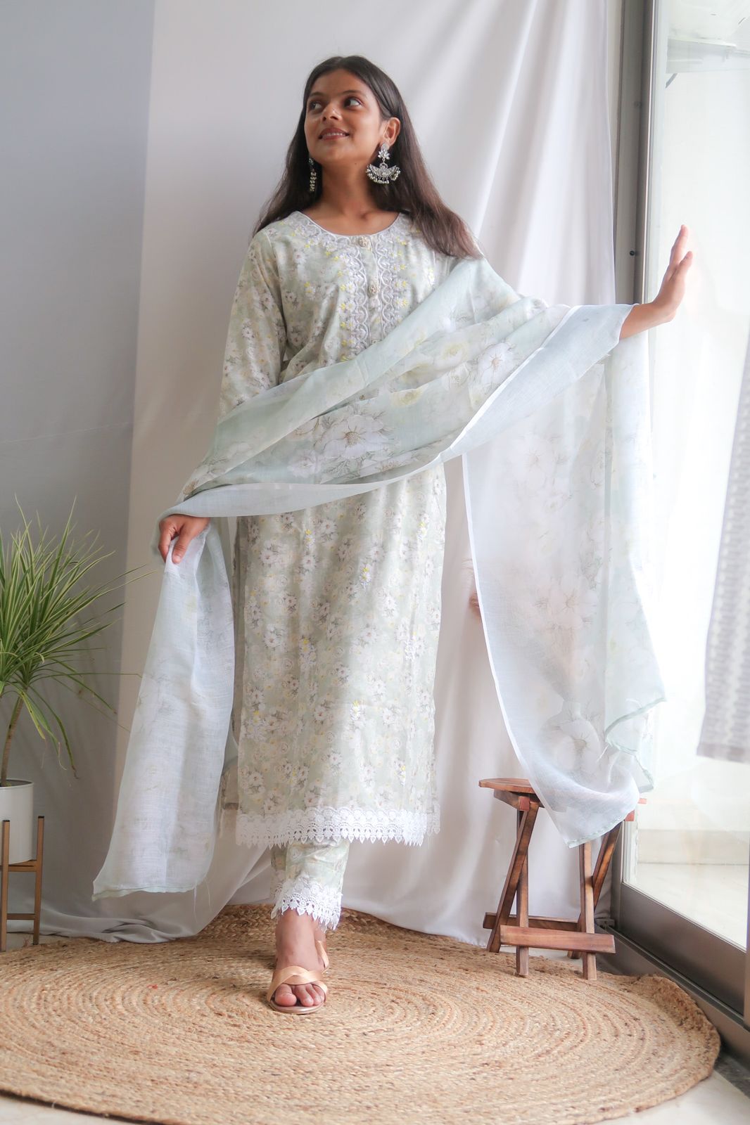 Pastel Green Floral Lace Suit Set