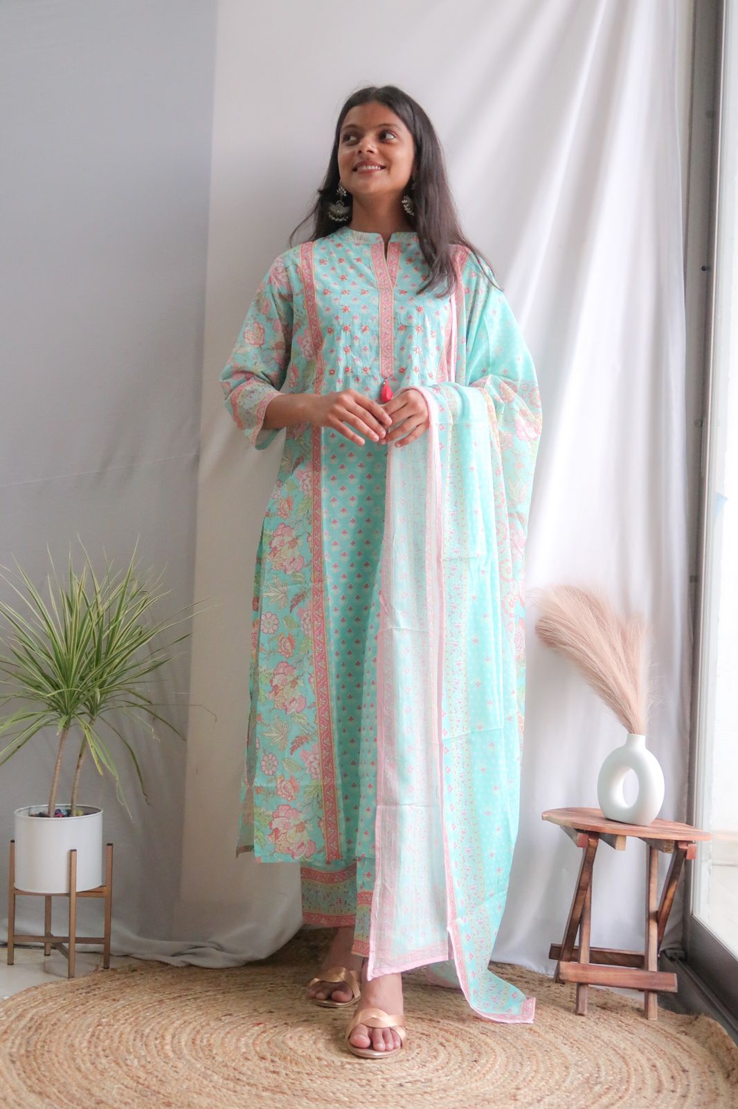 Turquoise Blooms Straight Suit Set