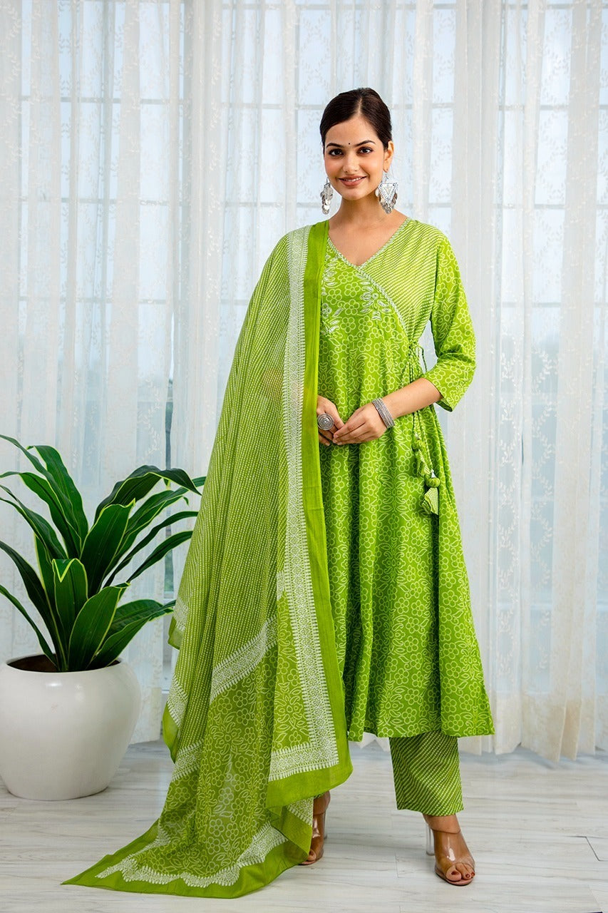 Enchanted Emeralds Bandhej-Leheriya Angrakha Suit Set