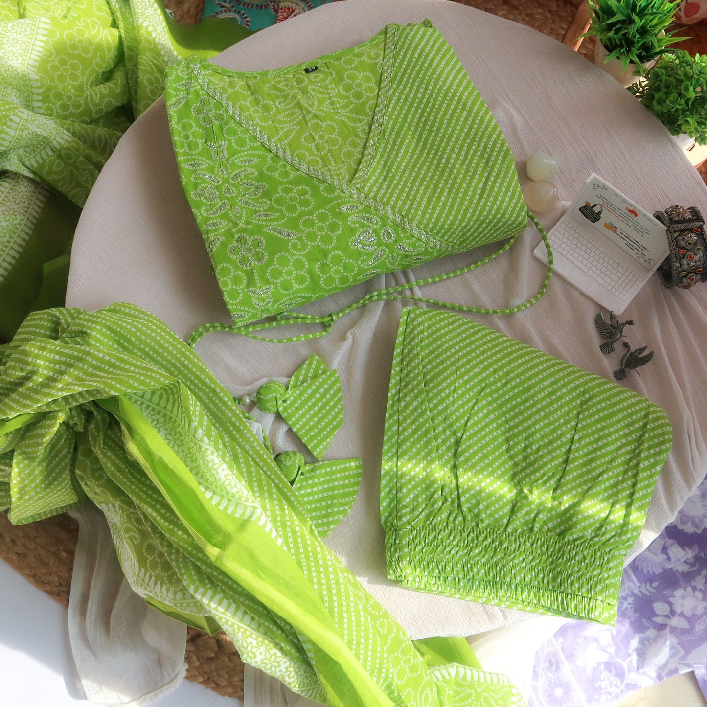 Enchanted Emeralds Bandhej-Leheriya Angrakha Suit Set