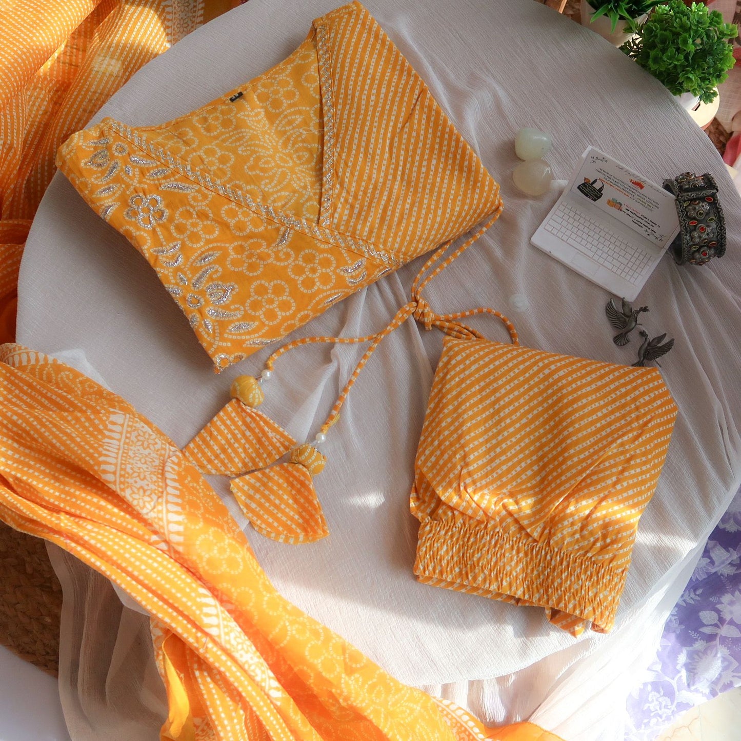 Sunflower Symphony Bandhej-Leheriya Angrakha Suit Set