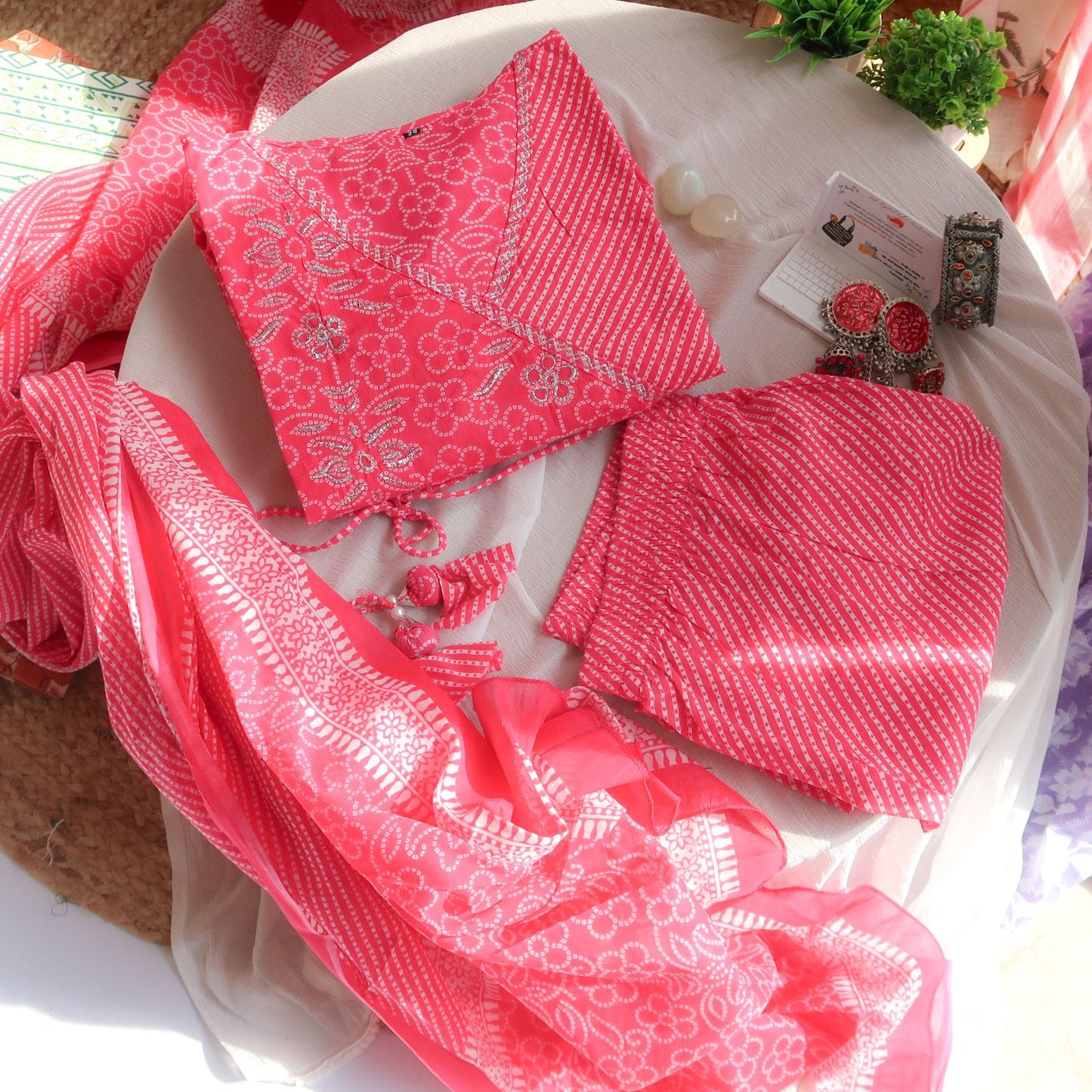 Vibrant Blossoms Bandhej-Leheriya Angrakha Suit Set