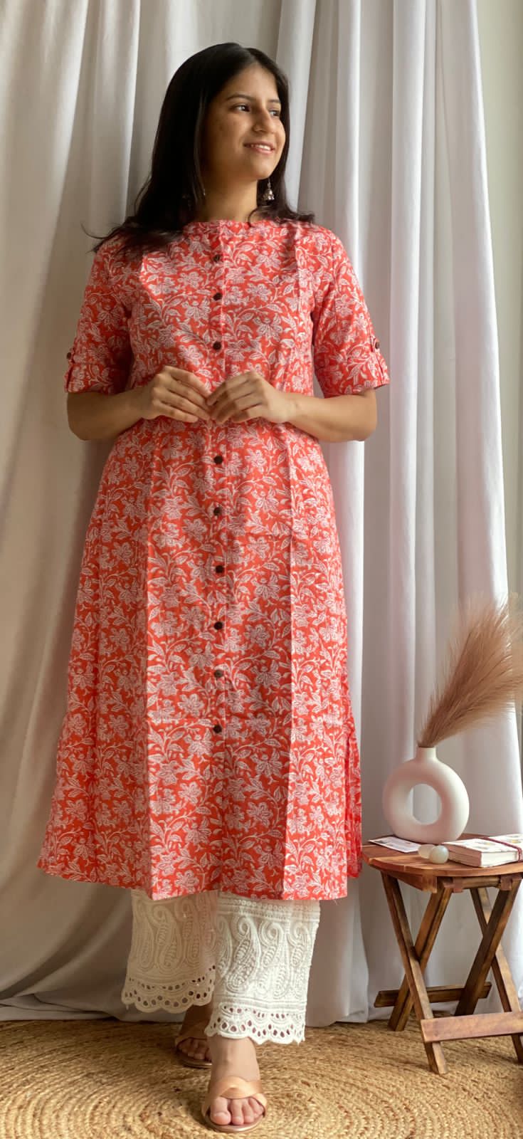 Daily Essential: Floral Crimson Long Kurta