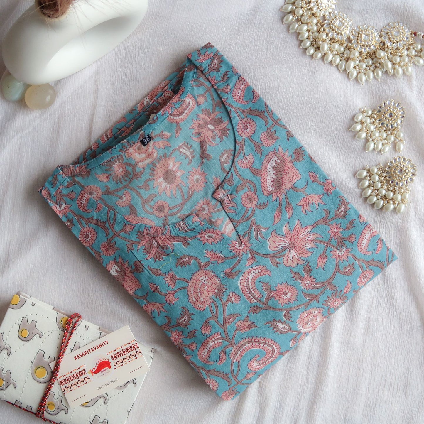 Cyan Blue Florals Long Kurta