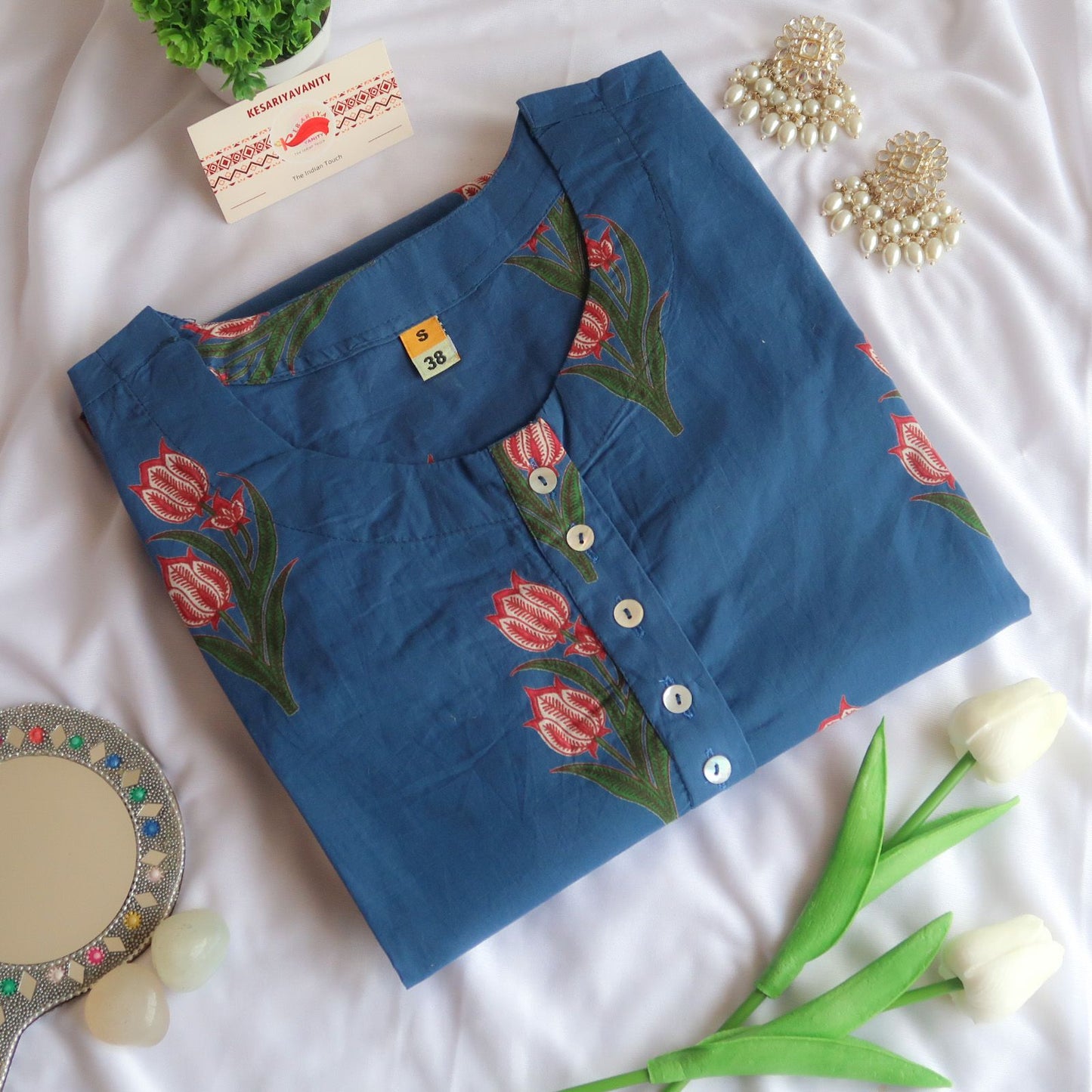 Indigo Harmony Floral Cotton Long Kurta : BirthdaySALE