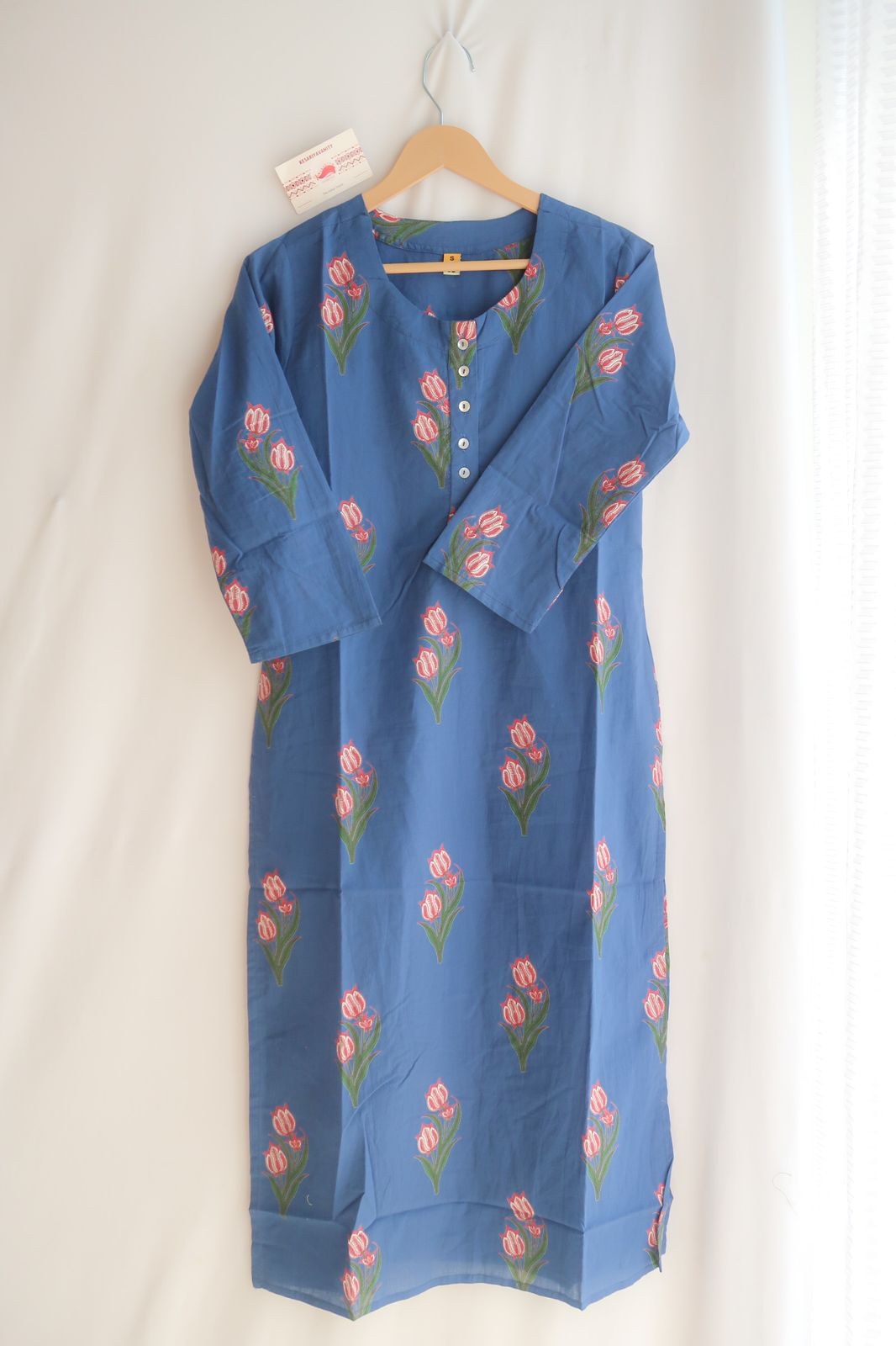 Indigo Harmony Floral Cotton Long Kurta : BirthdaySALE