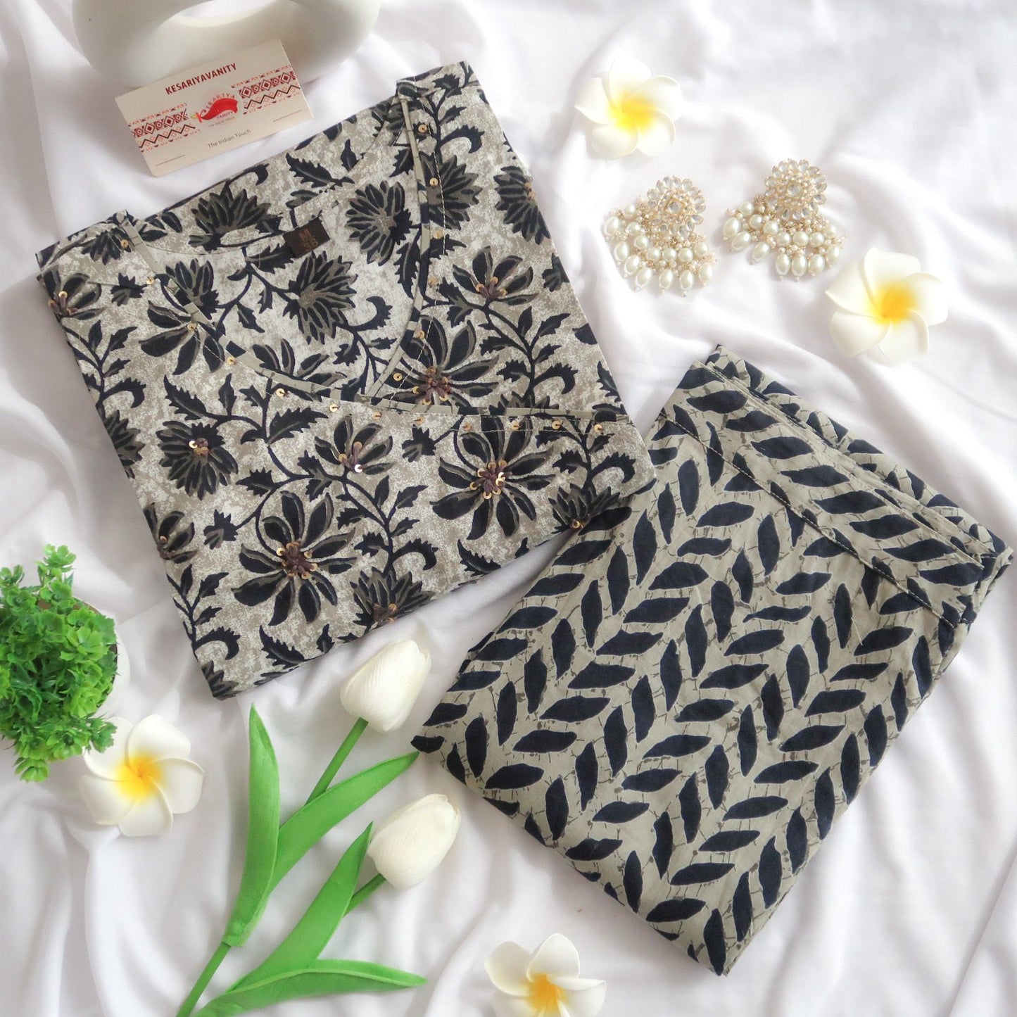 Monochrome Petals: Sequin Blossom Suit Set
