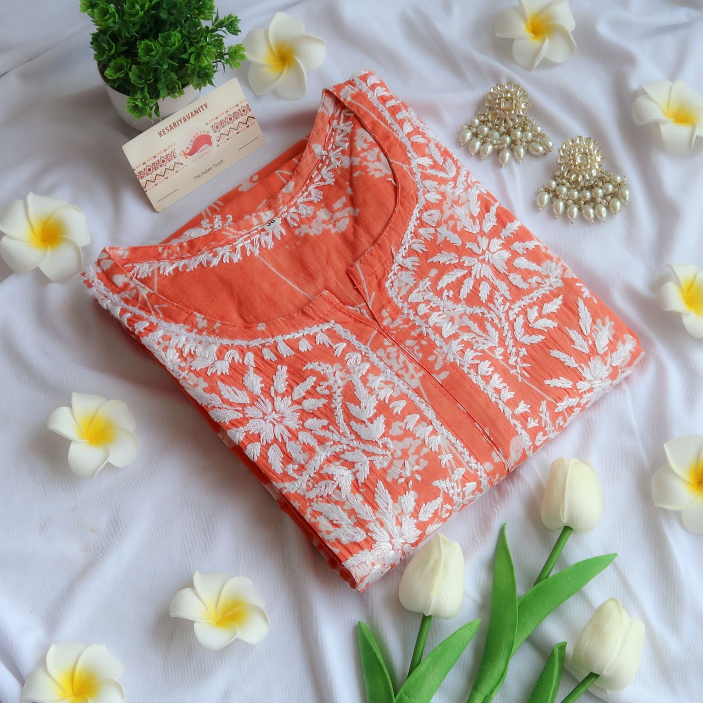 Saffron Sunrise Chikankari Long Kurta