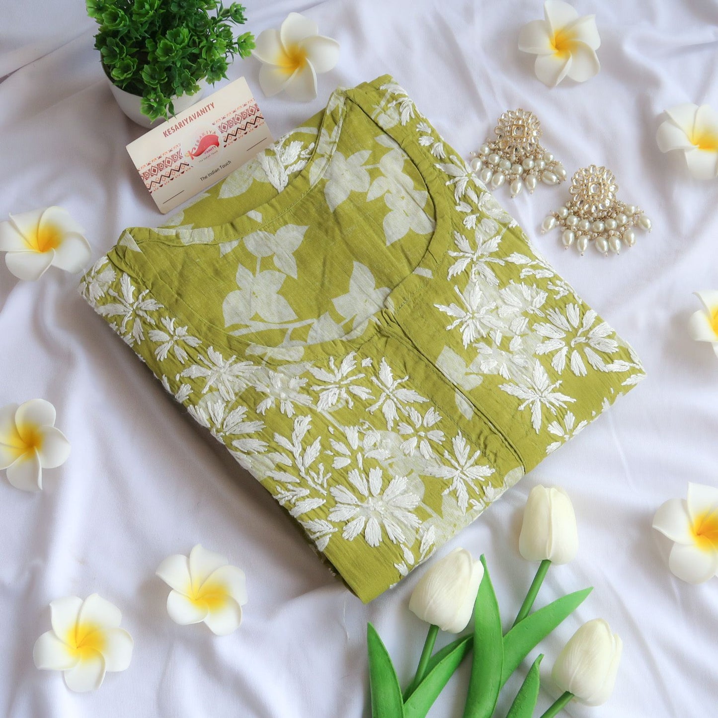 Olive Oil Chikankari Long Kurta