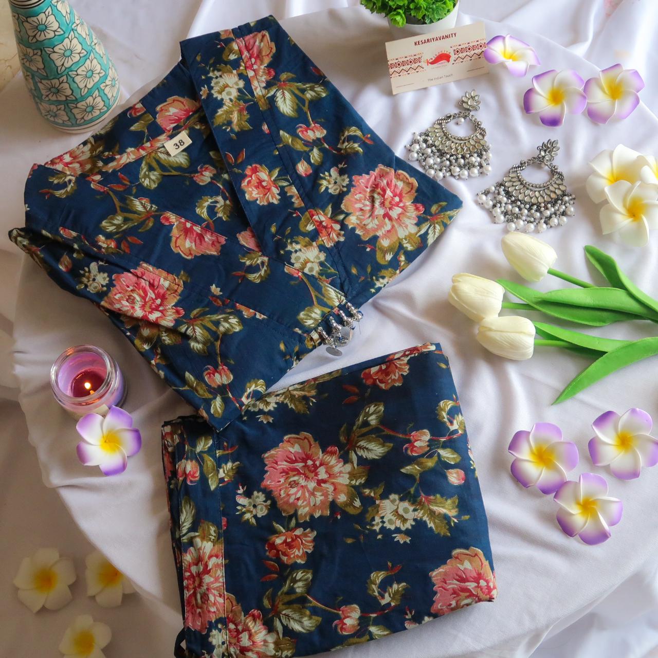 Indigo Petal V-Neck Suit Set