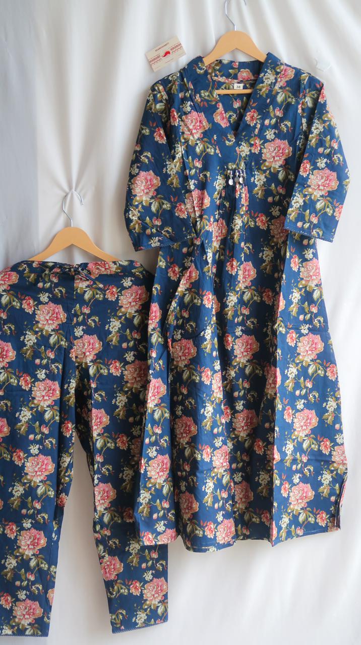 Indigo Petal V-Neck Suit Set