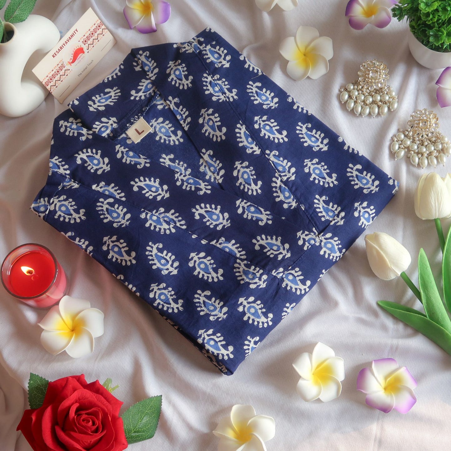 Indigo Whimsy V-Neck Long Kurta