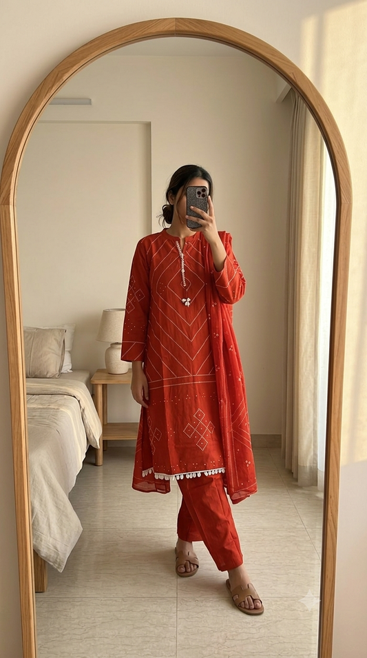 Red bandhej Suit Set