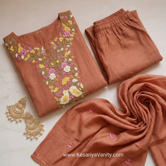 Rust Bloom Hand Embroidered Cotton Suit Set