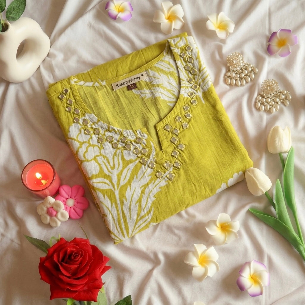 Neon floral Kurta Slim fit (with attached sleeves)