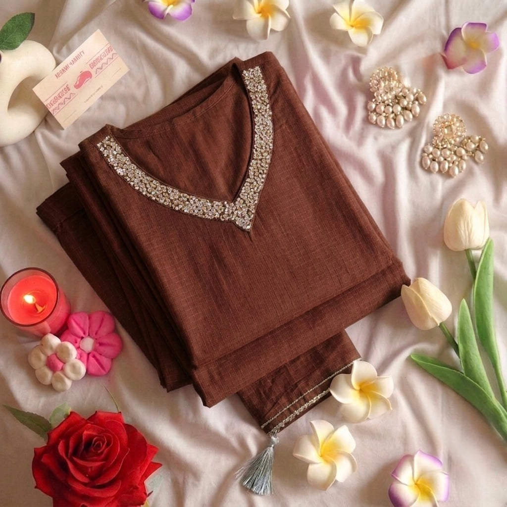 Sequin embroidered coffee Suit Set