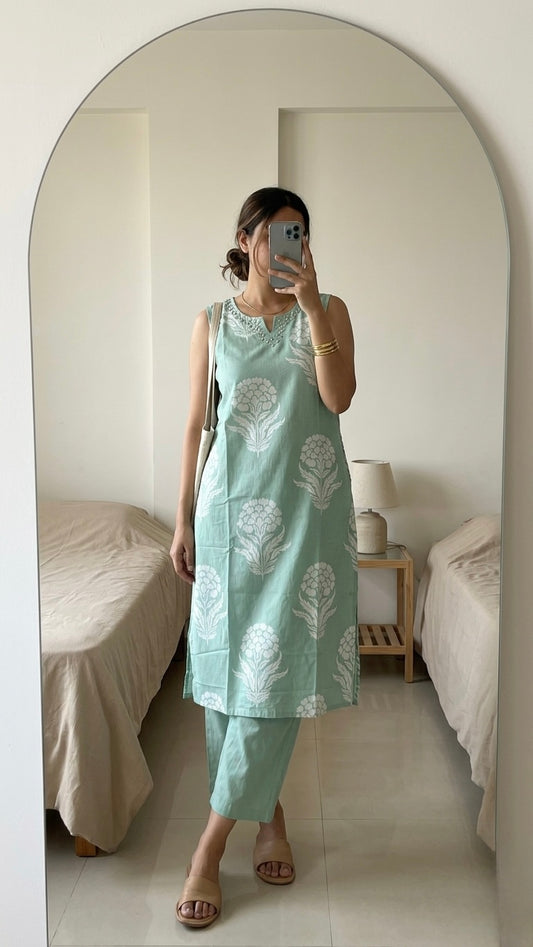 Turquoise floral Kurta Slim fit (with attached sleeves)