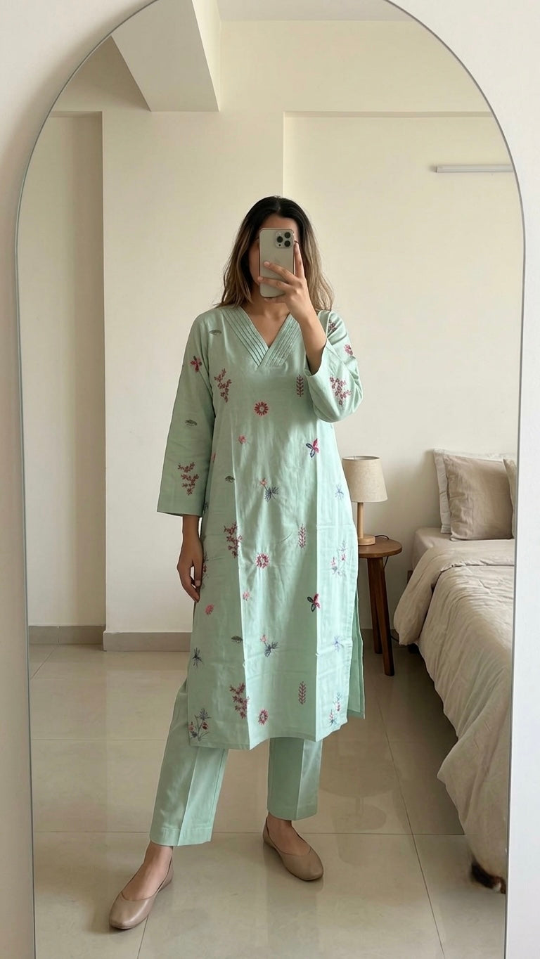 Soft Turquoise embroidery Suit Set