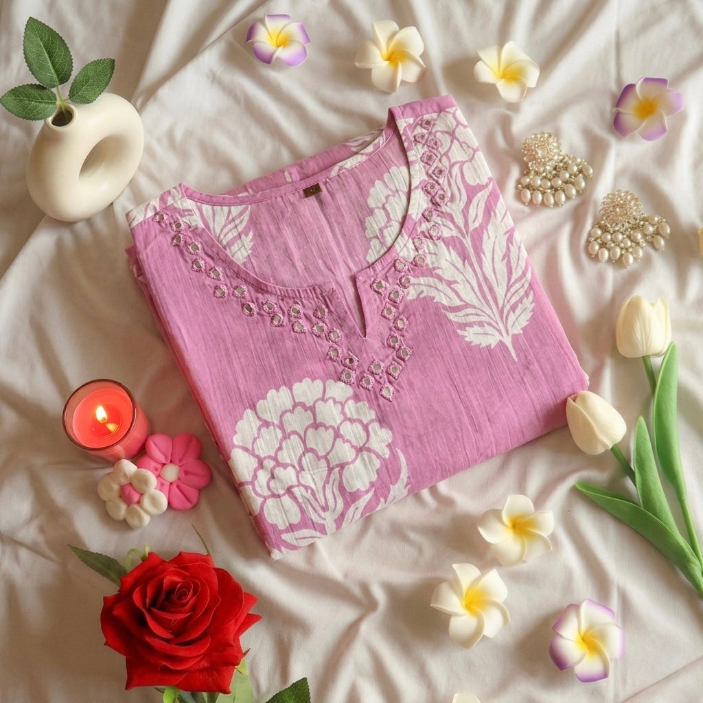 Bubblegum floral Kurta Slim fit (with attached sleeves)