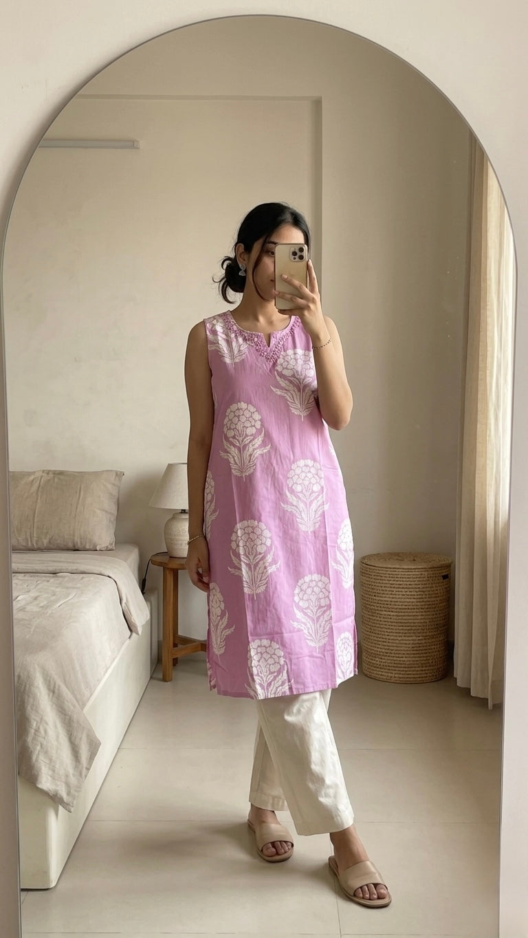 Bubblegum floral Kurta Slim fit (with attached sleeves)