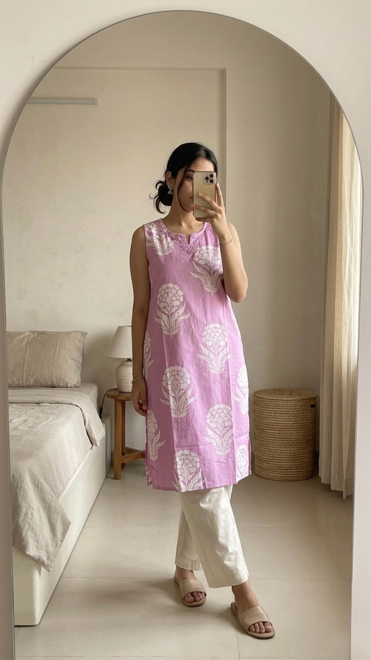Bubblegum floral Kurta Slim fit (with attached sleeves)