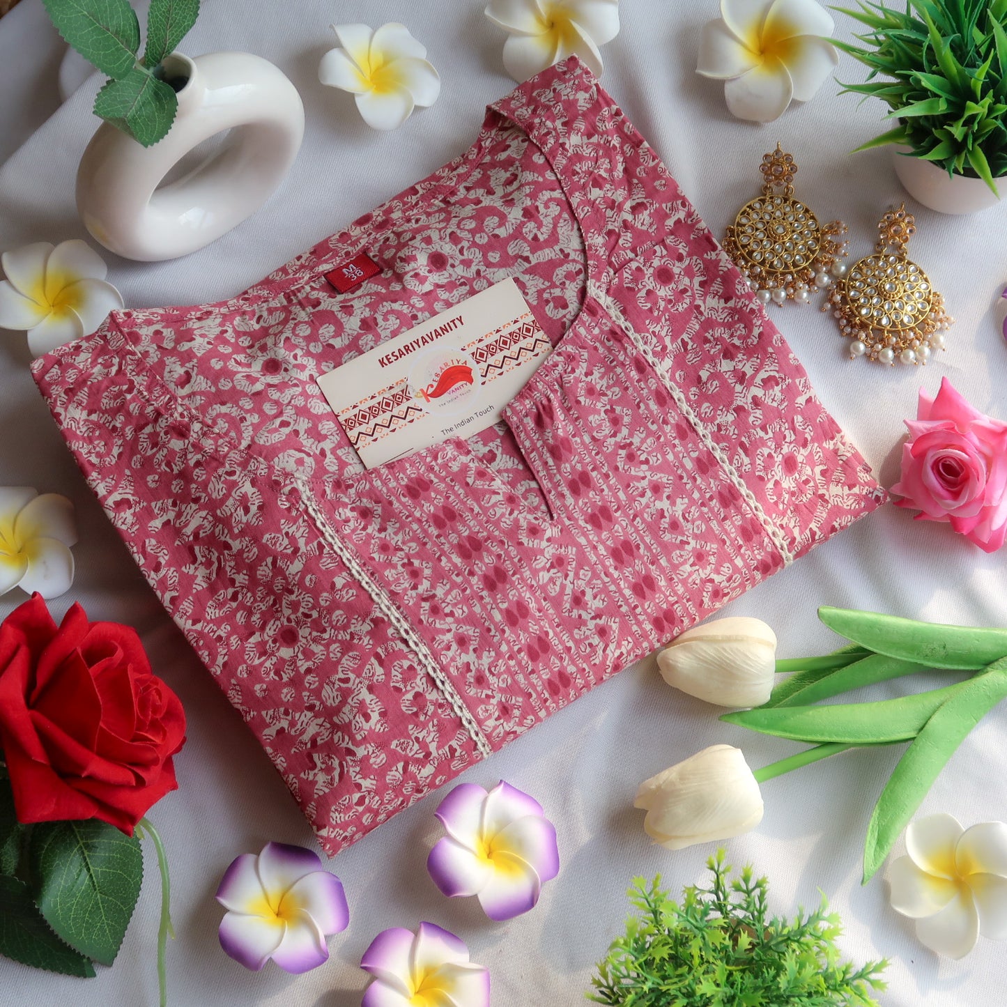 Rosy Brick Blossom Lace-Embellished Long Kurta