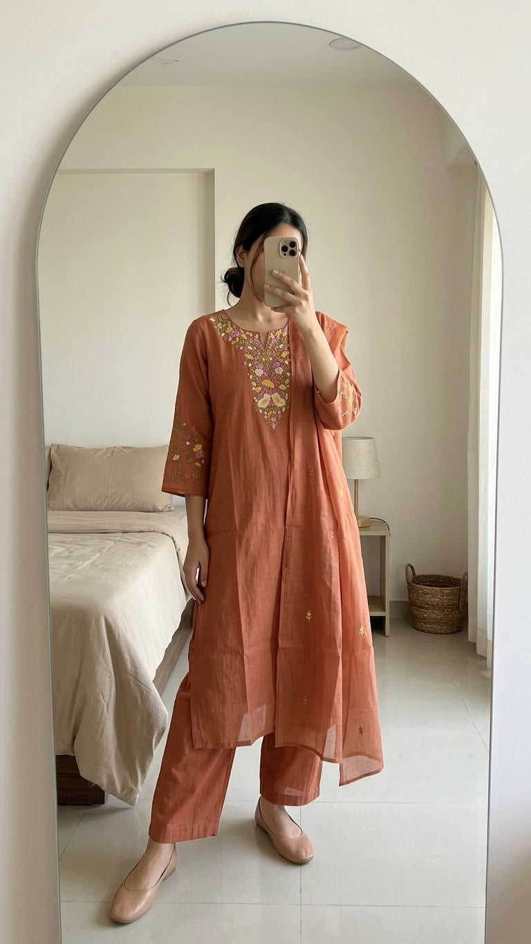 Rust Bloom Hand Embroidered Cotton Suit Set