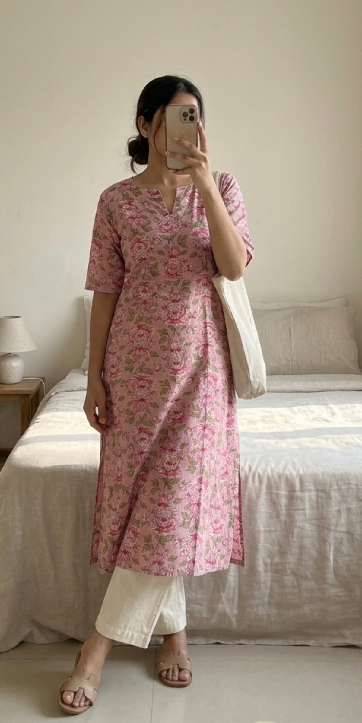 Flamingo pink flowers kurta