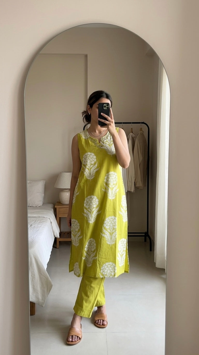 Neon floral Kurta Slim fit (with attached sleeves)