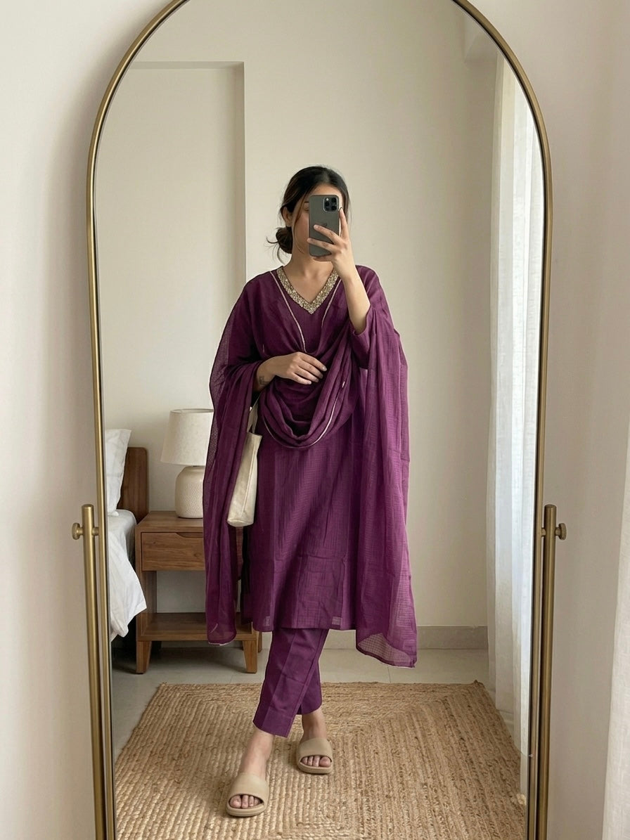 Sequin embroidered wine Suit Set