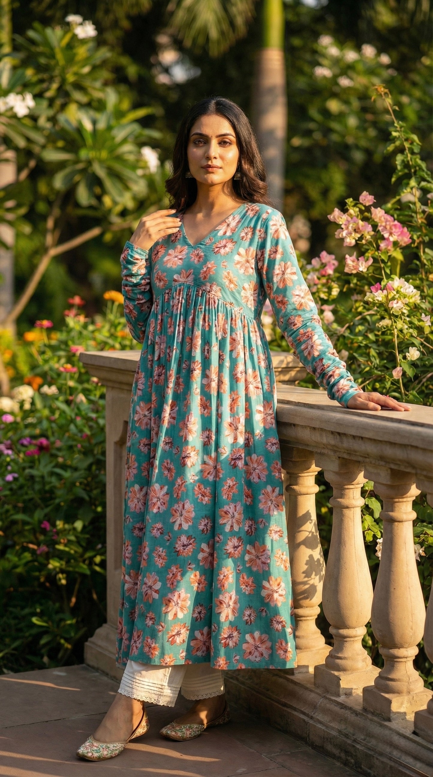 Firozi floral Chudidar Kurta