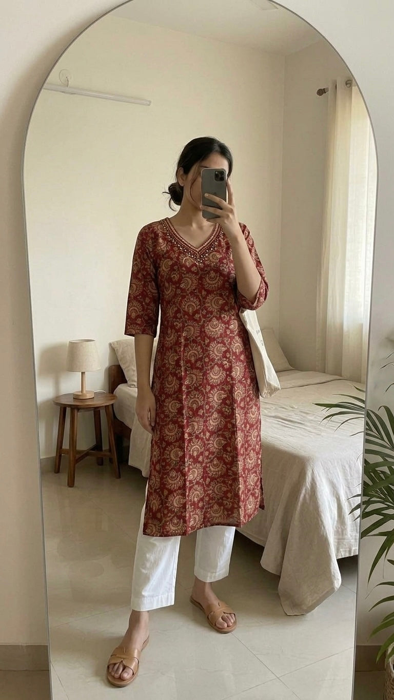 Red Floral Printed Kurta