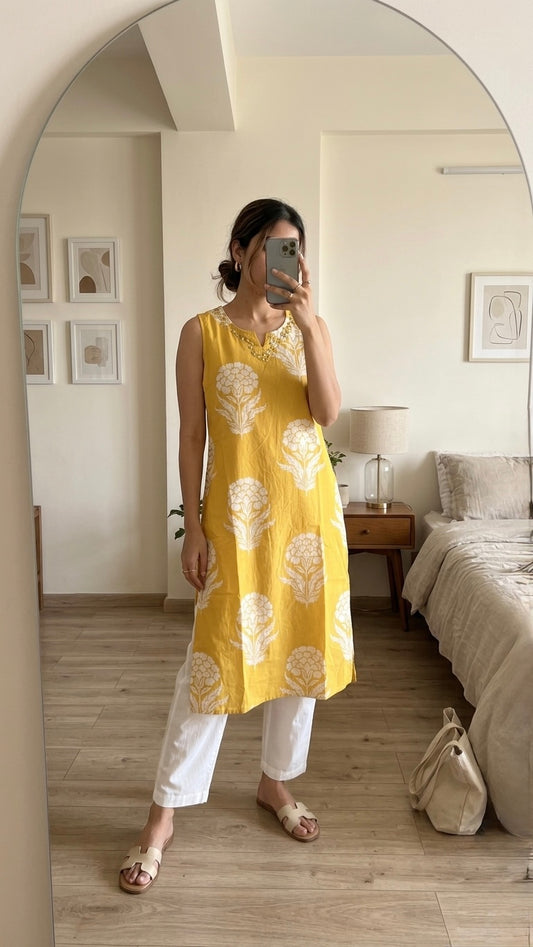 Corn floral Kurta Slim fit (with attached sleeves)