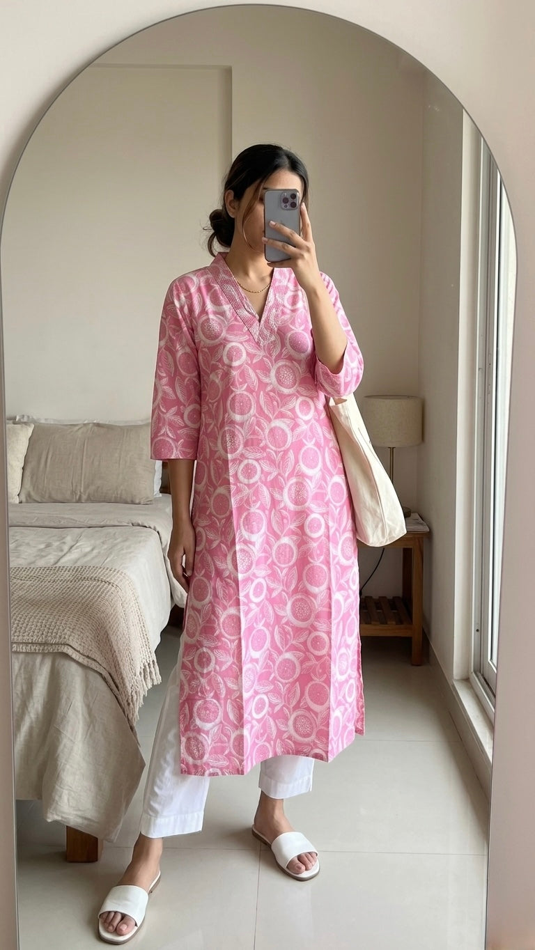 Pink floral Kurta Slim fit