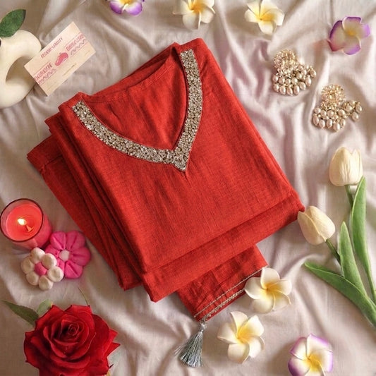 Sequin embroidered red Suit Set