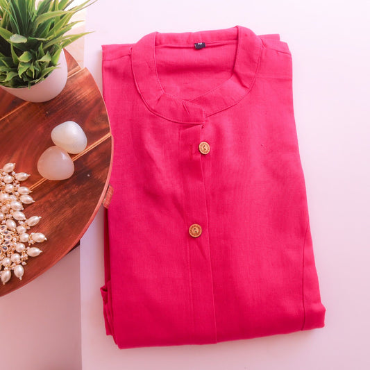 Solid Pink Cotton Kurta with pockets