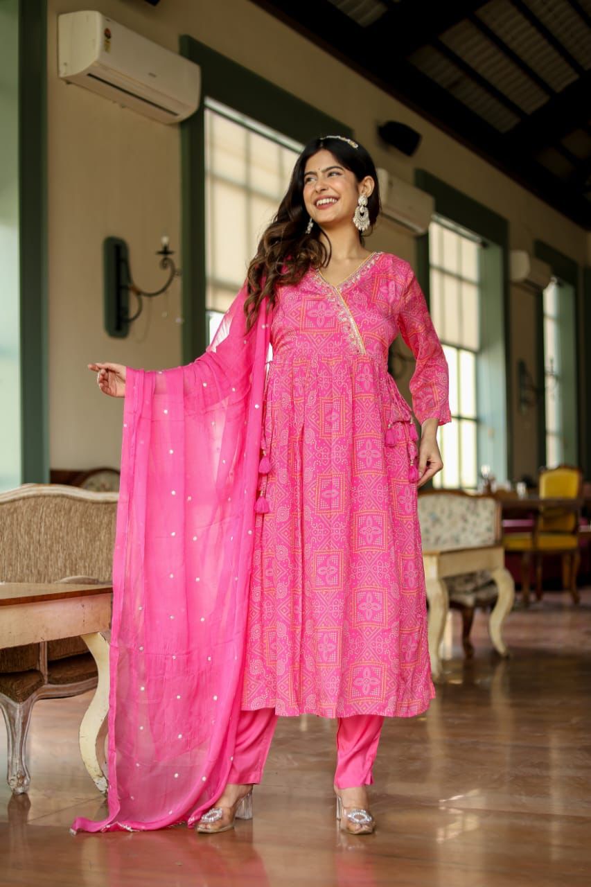 Pink Bandhani Nayra Cut Suit Set - Blend of Fun