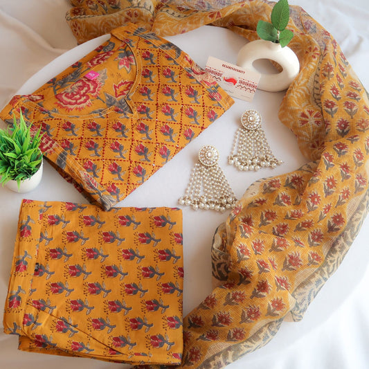 Vasantika Mustard Bloom Delight Suit Set - Doriya