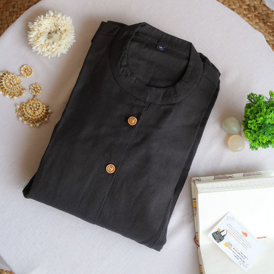 Daily Essential - Solid Black Cotton Kurta with pockets