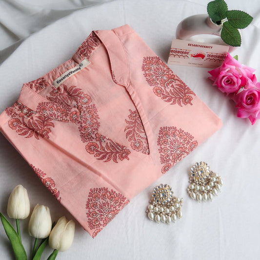 Daily Essential: Playful Pink Choker Neck Long Kurta - SALE